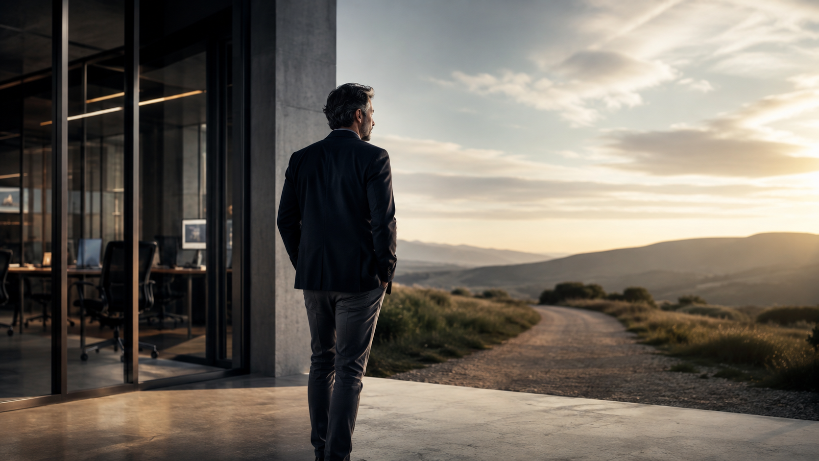 Man standing between a modern office and an open landscape, reflecting on change and what comes next.