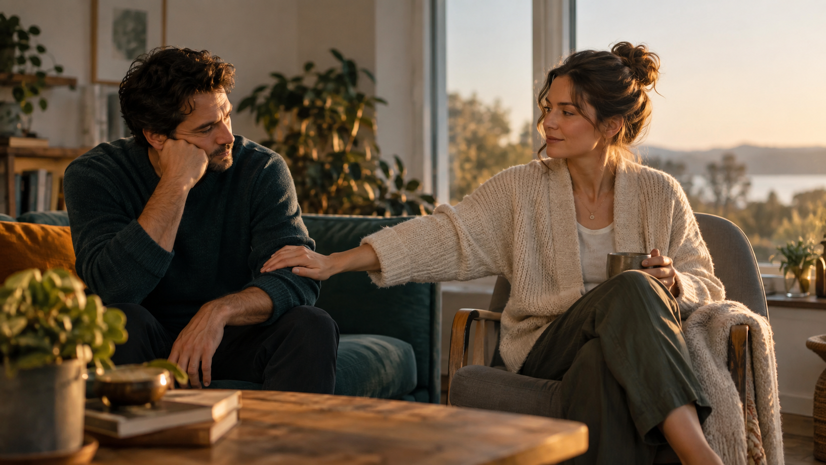Two adults sitting together in a warm living room, one offering support while maintaining personal space.