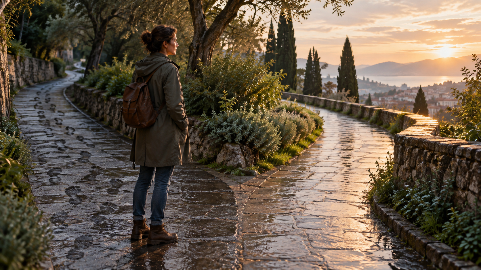 A woman pausing where a familiar path divides, considering a new route after the rain.